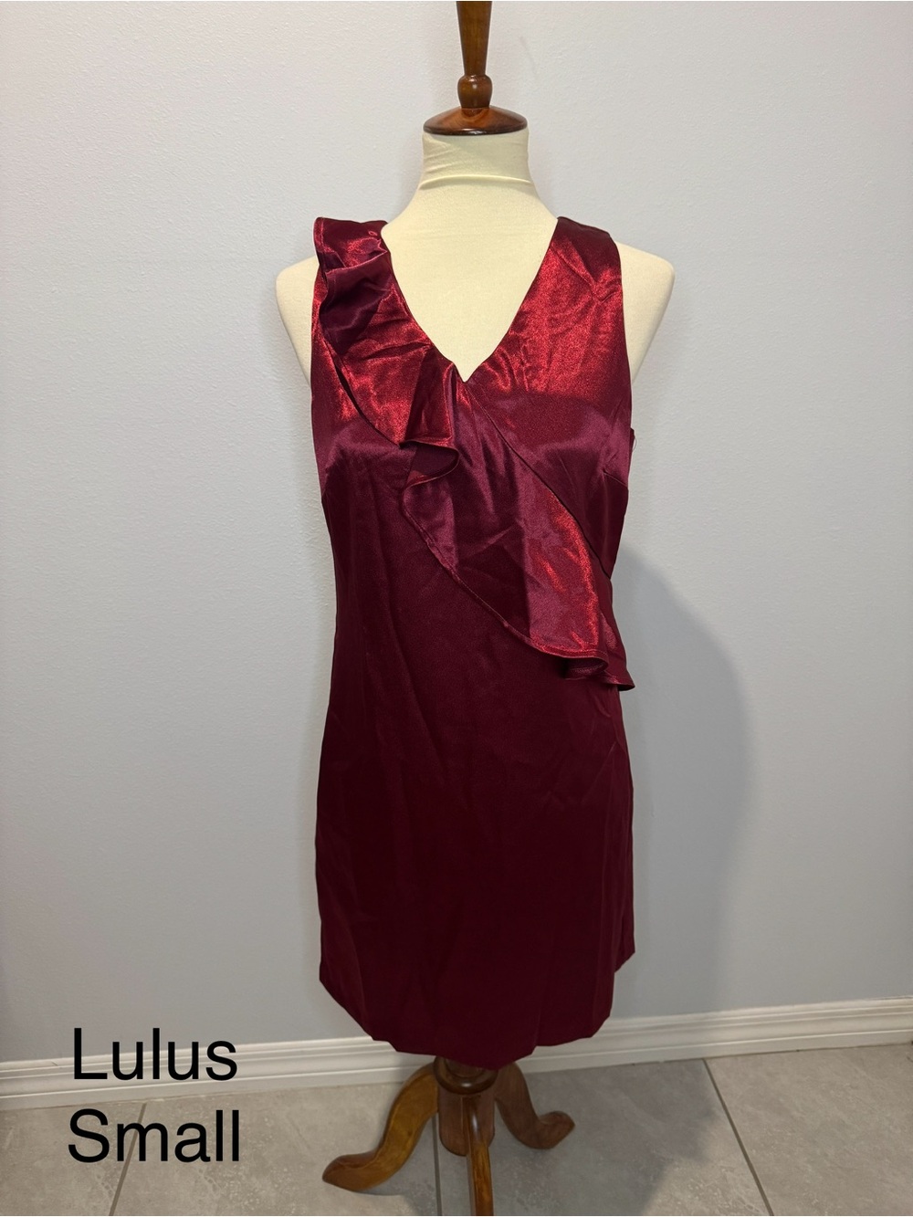 Lulu's Satin Ruffle V-Neck Mini Dress in Wine